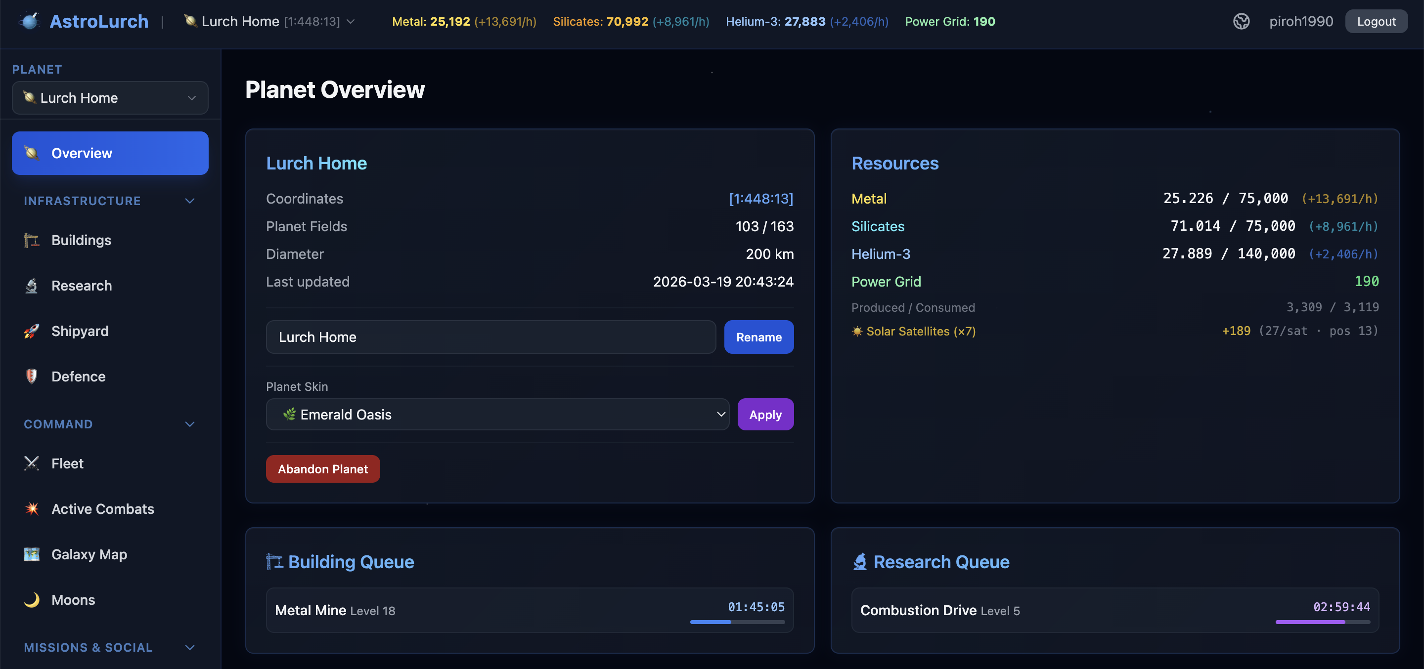 AstroLurch gameplay — Planet overview and resource management